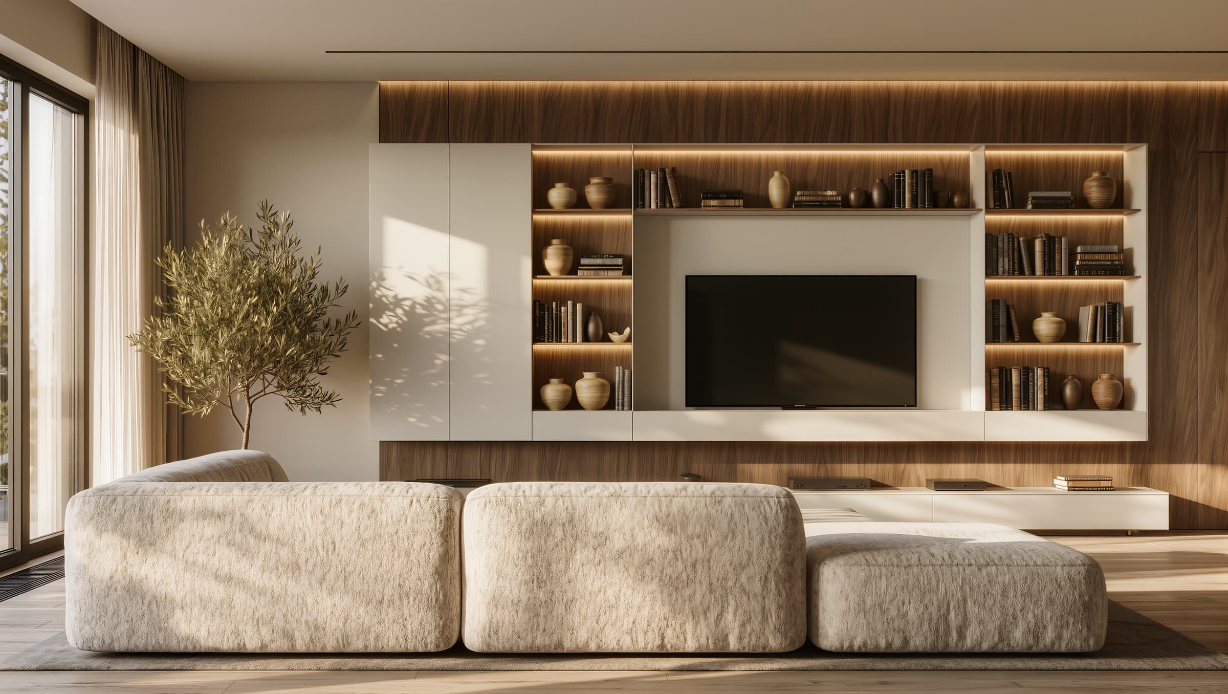 LED raflı özel TV ünitesiyle modern bir salon